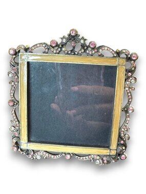 Vintage Ornate Gold and Silver Tone Square Photo Frame with Pink and Clear Cryst